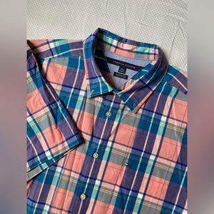 Tommy Hilfiger Pink / Blue Plaid Short Sleeve Button Down Shirt Men’s XL